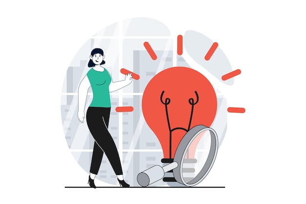 Het vinden van een oplossingconcept met mensen scène in vlak ontwerp voor het web Vrouw doet onderzoek brainstorming en creëert verbeteringsideeën Vector illustratie voor sociale media banner marketingmateriaal