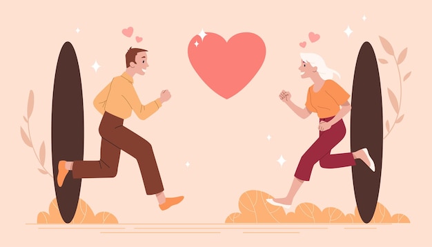 Het vinden van liefde concept Man en vrouw rennen elkaar uit zwarte gaten Toepassing voor mobiele dating Bruid en bruidegom Gelukkig paar in liefde Romantische scène Cartoon platte vector illustratie