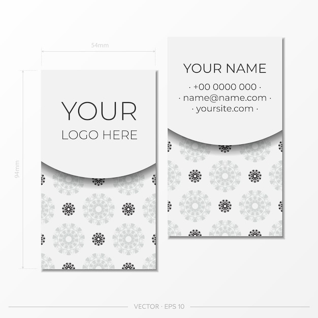 Het visitekaartje is wit met zwarte ornamenten Drukklaar visitekaartjeontwerp met ruimte voor uw tekst en abstracte patronen