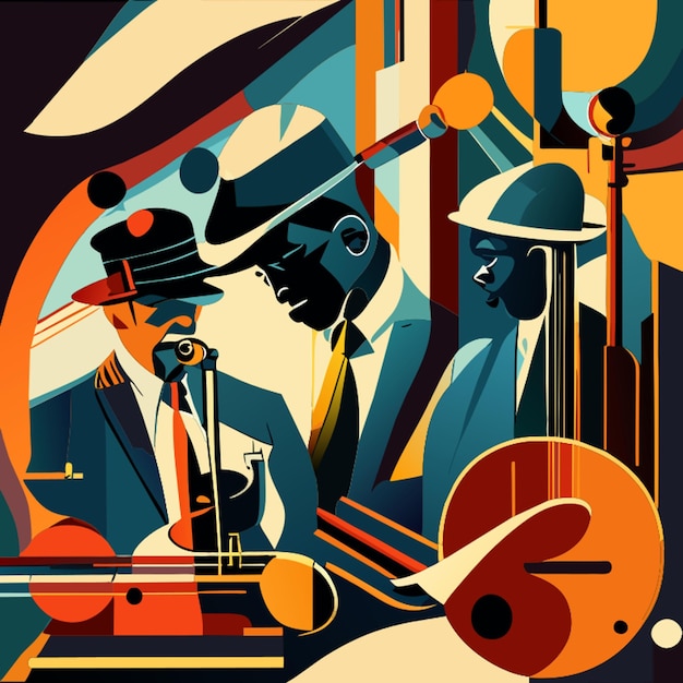 Het visualiseren van melodieën van een jazzband als een abstracte vormen en vormen met een combinatie van vintage