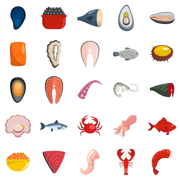 Het voedselpictogrammen geplaatst van zeevruchten verse vissen geplaatst geïsoleerde vector