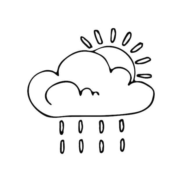 Vector het weer is bewolkt met zon en regen vector doodle wolk hand getrokken meteorologische voorspelling symbolen regenseizoen dunne lijn web design icoon