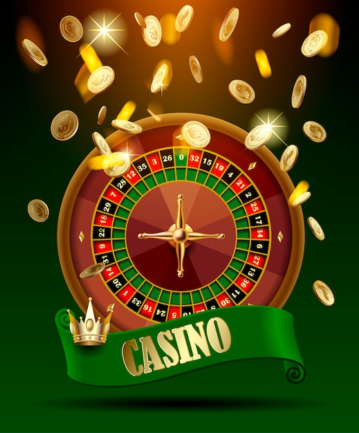 Het wiel van het casino met groen lint en kroon onder gouden geldregen