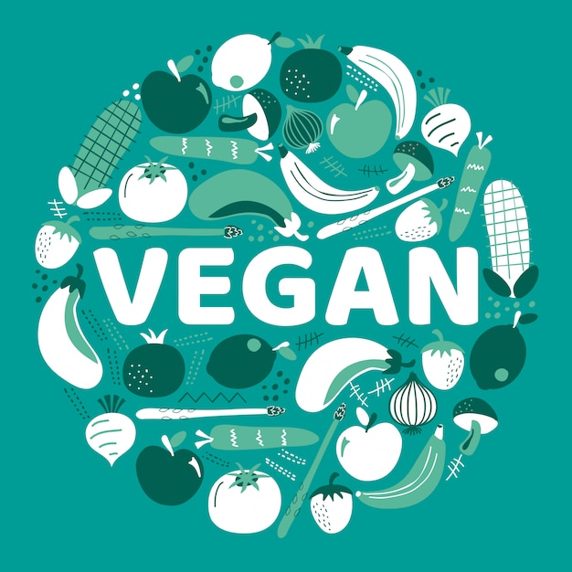 Vector het woord vegan omgeven door groenten en fruit.