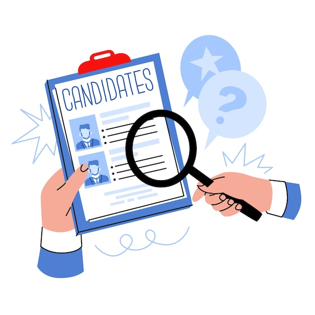 Het zoeken naar informatie over verkiezingskandidaten Het selecteren van een geschikte werknemer voor de functie Het bestuderen van een CV om een specialist te selecteren Vectorillustratie geïsoleerd op een transparante achtergrond.