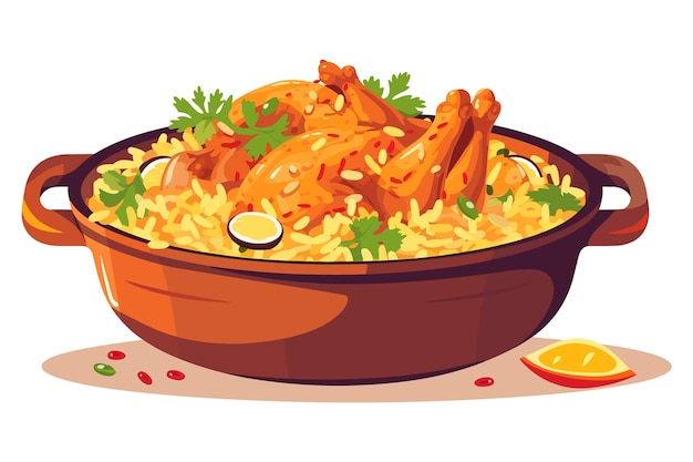 Hete en pittige kip biryani met geroosterde stukjes en citroenillustratie op geïsoleerde witte achtergrond