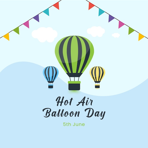 Hete luchtballon dag creatieve poster achtergrond ontwerpsjabloon met witte wolken