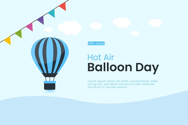 Hete luchtballon dag creatieve poster achtergrond ontwerpsjabloon met witte wolken