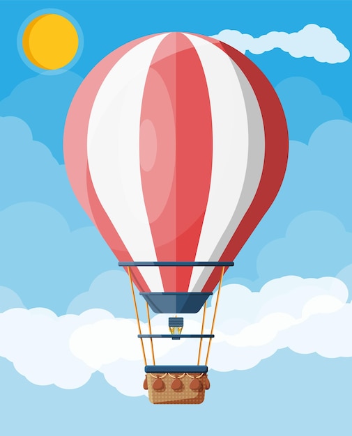 Vector hete luchtballon in de lucht met wolken en zon. vintage luchtvervoer. aerostaat met mand. platte vectorillustratie