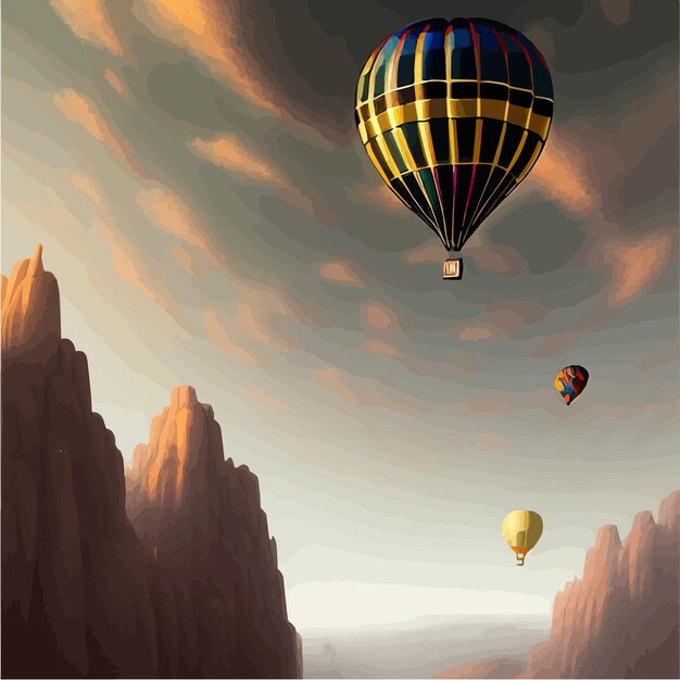 Hete luchtballon in hemelachtergrond en bergen met bewolkte hemel vectorillustratie
