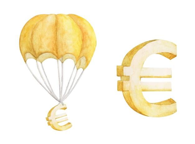 Hete luchtballon met gouden euro geïsoleerd op wit