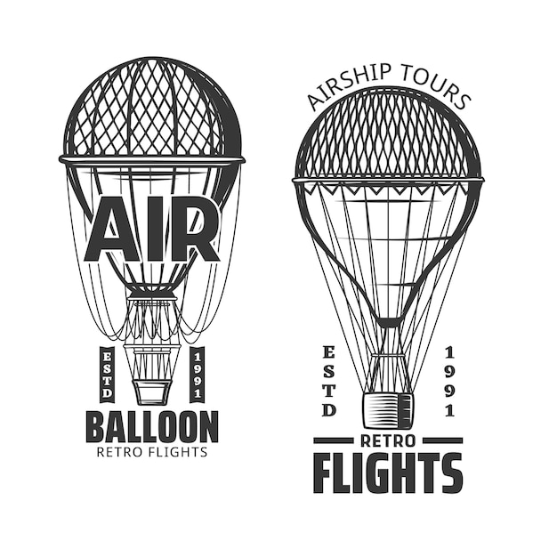 Hete luchtballon vlucht iconen van vliegreizen vector design vintage hete lucht ballonnen of luchtschepen met manden aerostat enveloppen en kabels retro vliegtuigen geïsoleerd symbool van ballonvaren