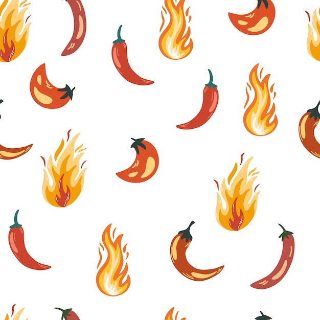 Hete peper naadloze patroon hete chili peper en vlammen achtergrond groenten eten perfect voor het afdrukken van restaurant menu's en posters Hand getekende Cartoon vectorillustratie