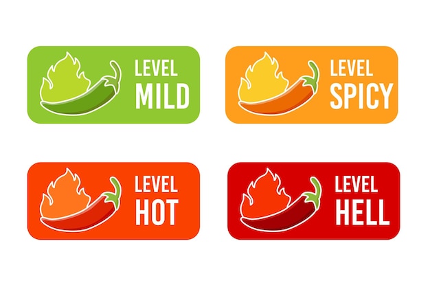 Hete peperniveaulabels, brandende rode paprika's voor het voedselpictogram van het sauspakket.