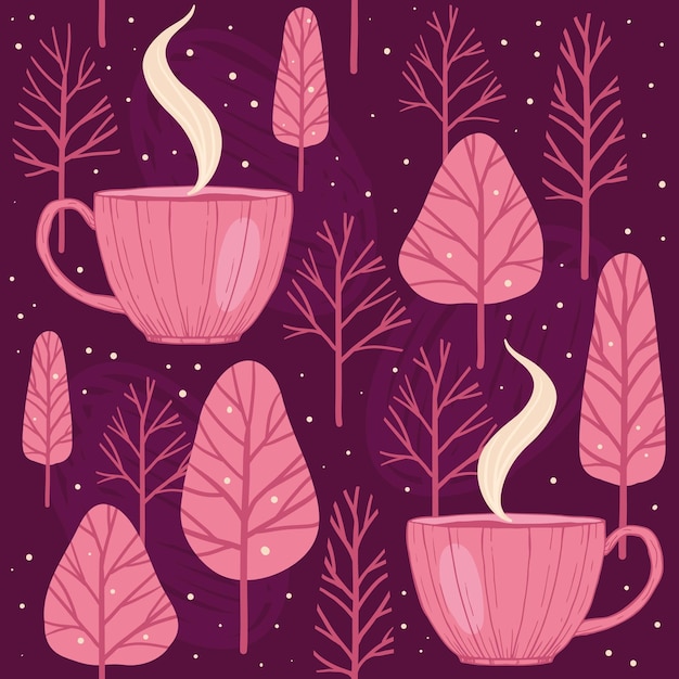 Hete thee in een roze mok Café in het bos eindeloos patroon