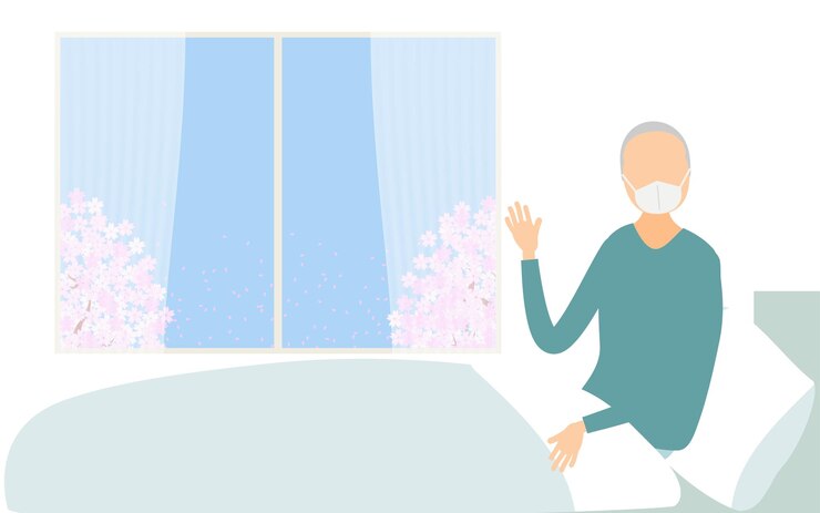 Vector ベッドで体を起こす入院患者の男性