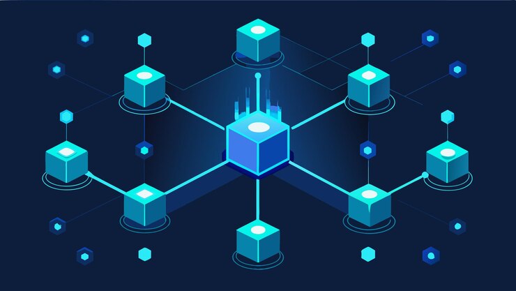 Vector the hexabyte connections glow with a faint blue light almost like streams of electricity pulsing