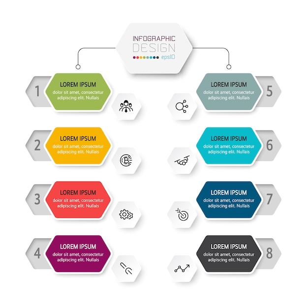 Organizzazione del design esagonale, infografica in 8 passaggi.