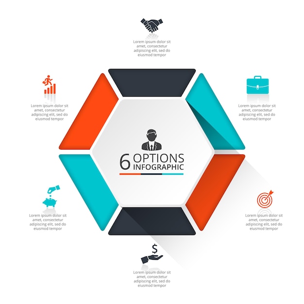 Hexagon diagram divided into 6 sectors. Geometric cycle infographic design template.