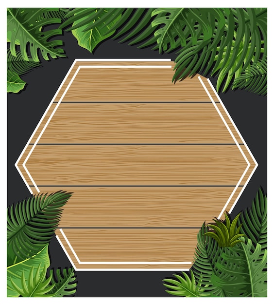 Vector hexagon frame with tropical green leaves