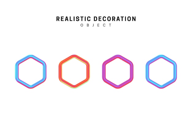 Hexagon geometric shapes, gradient, pink and blue. Decorative design element isolated white background. Set 3d object shaped hexagonal. Realistic vector illustration.