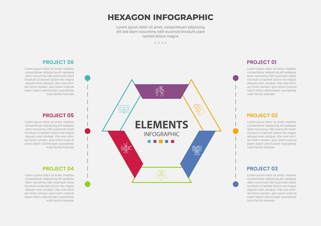 六角形或六邊形底圖信息圖表輪廓樣式，帶有 6 點模板，中間帶有大型六角形，並帶有堆疊列表說明，適用於幻燈片演示