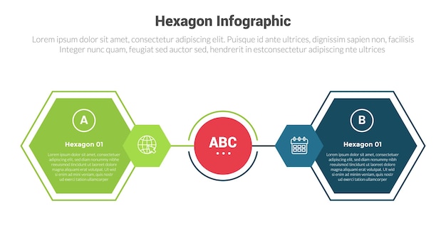 ヘクサゴン (六角形) インフォグラフィックス テンプレート ダイアグラム 対照 2 ポイント ステップ クリエイティブ デザイン スライド プレゼンテーション