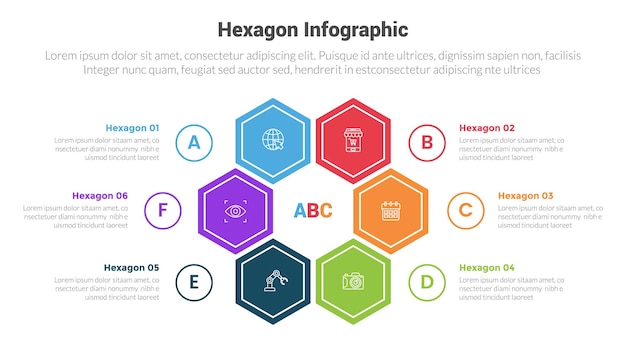 Diagramma modello di infografia a forma di nidi esagonali o esagonali con ciclo o centro circolare con punto di contorno con 6 punti di passo progettazione creativa per la presentazione di diapositive