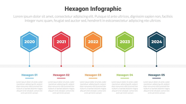 Vector hexagon or hexagonal honeycombs shape infographics template diagram with horizontal timeline right direction with 5 point step creative design for slide presentation