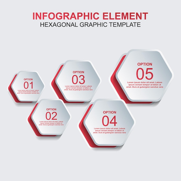 Modello di vettore dell'elemento infografico esagonale con cinque passaggi o opzioni