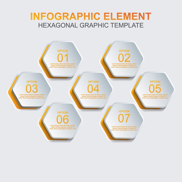 Modello di vettore dell'elemento infografico esagonale con sette passaggi o opzione