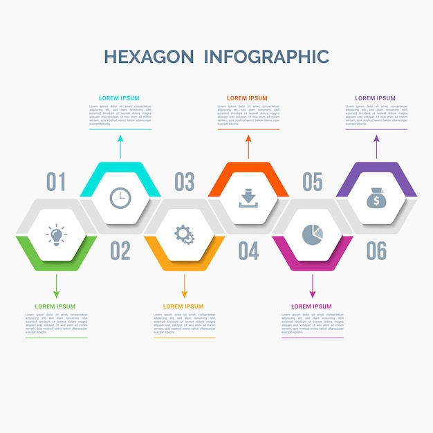 Hexagon Infographic-sjabloon met pictogrammen en 6 opties of stappen