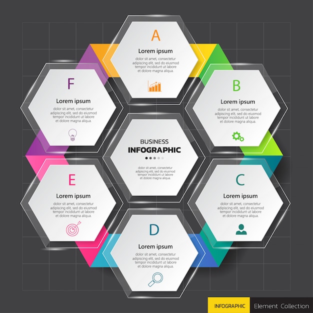 Modello di diagramma di infographics esagono.