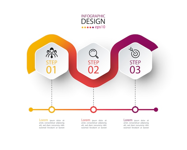 Vector hexagon label with color line linked infographics.