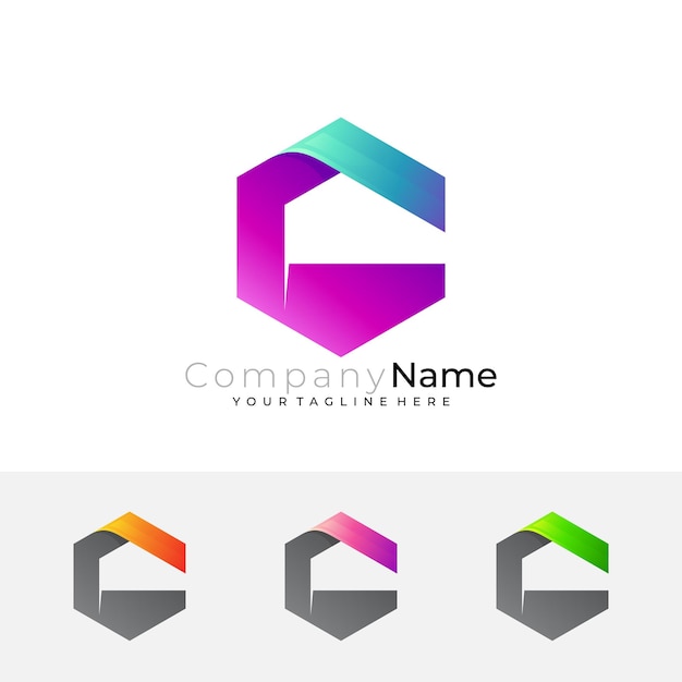 Vector hexagon logo and letter c design combination colorful logos