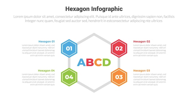 ベクトル ヘクサゴン (六角形) インフォグラフィック テンプレート ダイアグラム 中央に円形で 4 ポイントステップ クリエイティブ デザイン スライド プレゼンテーション
