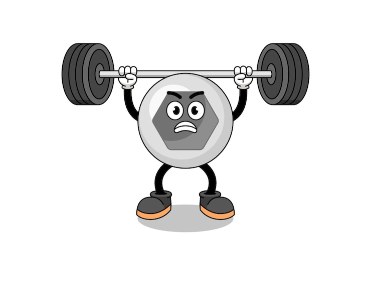 Vector バーベルを持ち上げる六角ネジマスコット漫画
