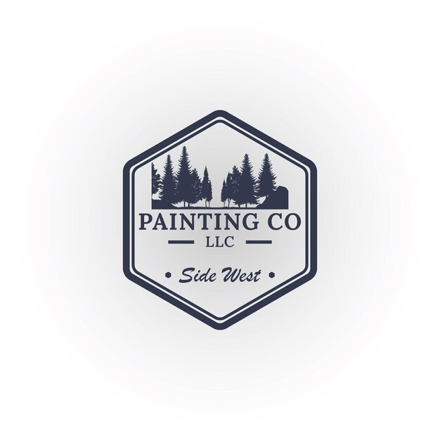 松の木の飾りとPainting co LLCの文字が入った六角形のロゴ