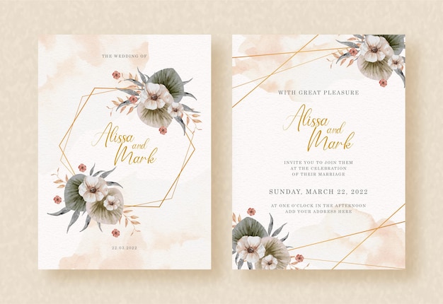 Hexagon shapes with watercolor flowers and leaves on wedding invitation