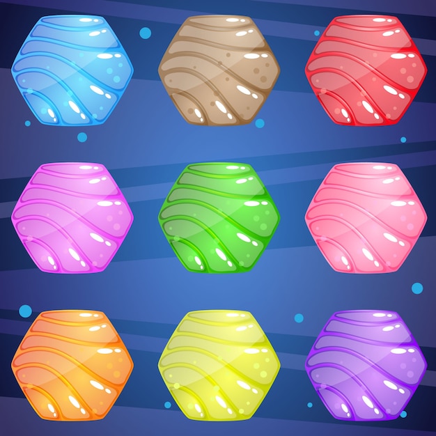 Hexagon stone with a wave pattern that is bright and shiny for puzzle game. 