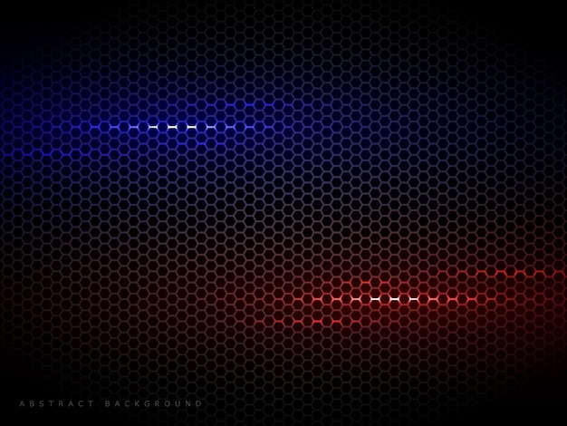 hexagon texture dark abstract background with red and blue light effect