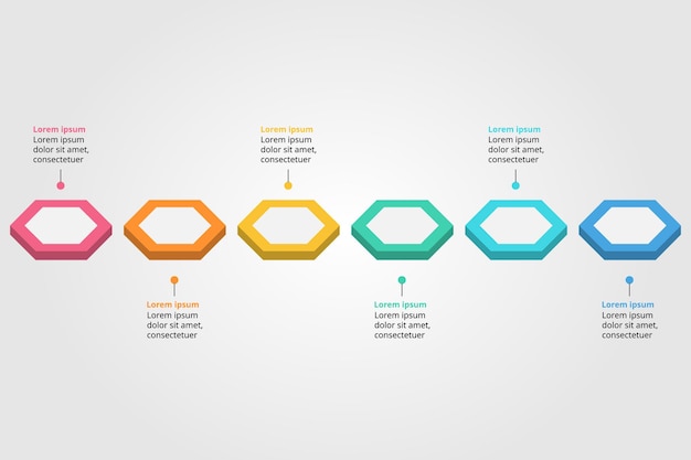 Modello di sequenza temporale esagonale per infografica per la presentazione per 6 elementi