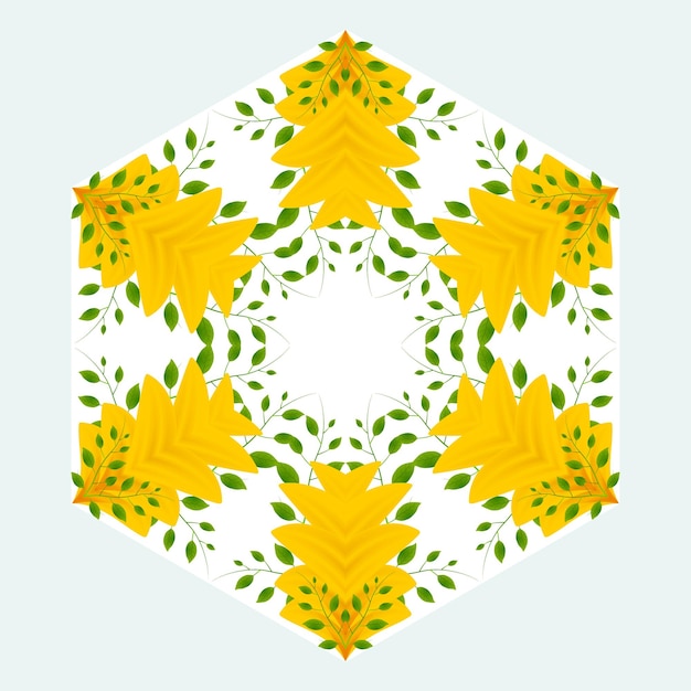 Vector a hexagon with yellow flowers and green leaves on it.