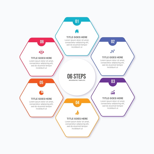 Modello di progettazione infografica aziendale a ciclo esagonale con 6 punti di dati