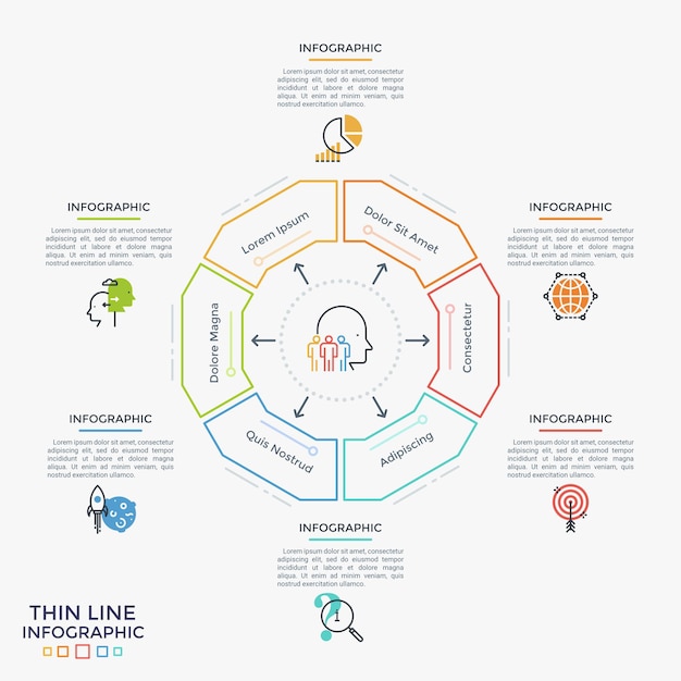 Hexagonal diagram divided into 6 sectors, flat symbols and place for text. concept of six features of project management. linear infographic design template. vector illustration for presentation.