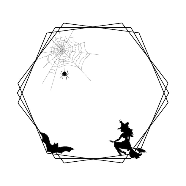 Hexagonal frame In the frame a spider on a web a bat and a witch on a broomstick is a Halloween theme