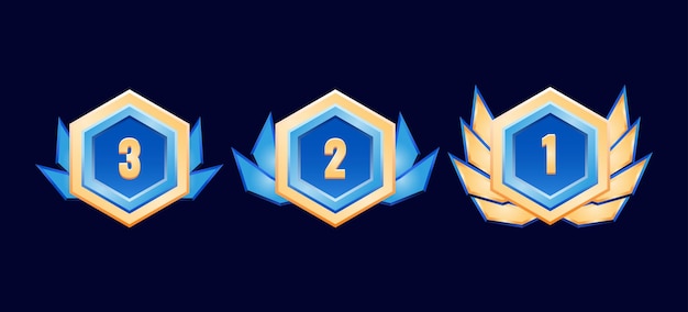 hexagonal game ui glossy golden diamond rank badge medals with wings