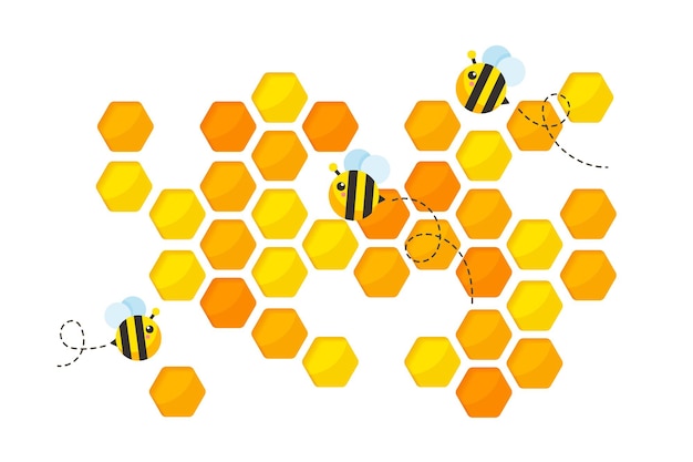 Vector hexagonal golden yellow honeycomb paper cut with bees.