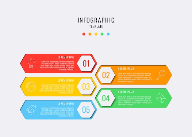 Elementi infografici esagonali con cinque passaggi, opzioni, parti o processi con caselle di testo e icone delle linee di marketing. visualizzazione dei dati per flusso di lavoro, diagramma, relazione annuale, web design. eps10