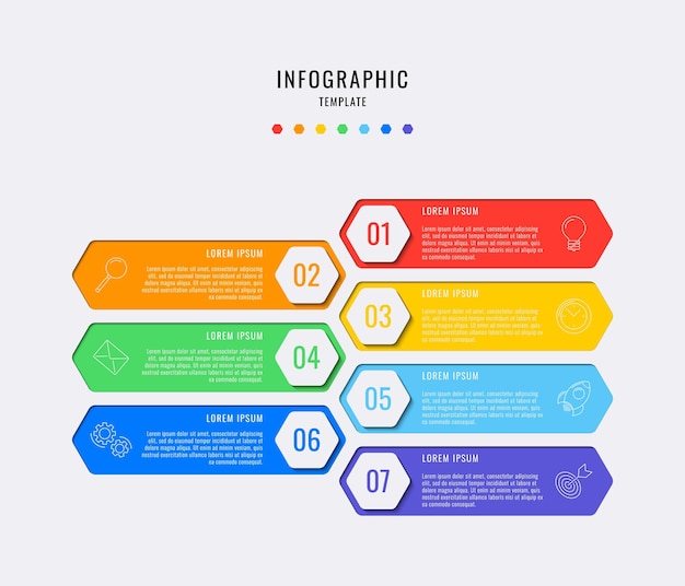 Elementi infografici esagonali con sette passaggi con caselle di testo e icone delle linee di marketing su sfondo bianco ...